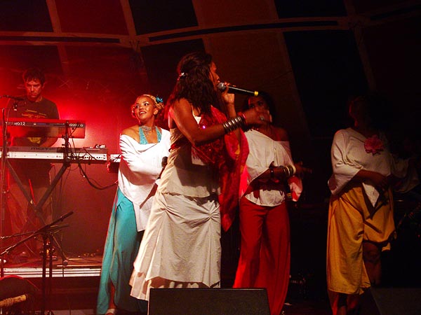 L'urban ethnic soul de Zap Mama rencontre Etran Finatawa, le blues des nomades du désert, au World Music Festival d'Oron, dimanche 31 juillet 2005.